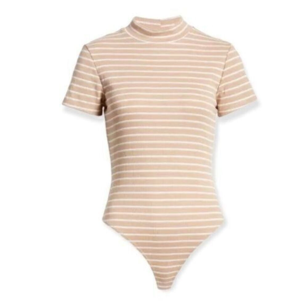 BP Nordstrom Beige White Stripe Mock Neck Bodysuit Small NWT